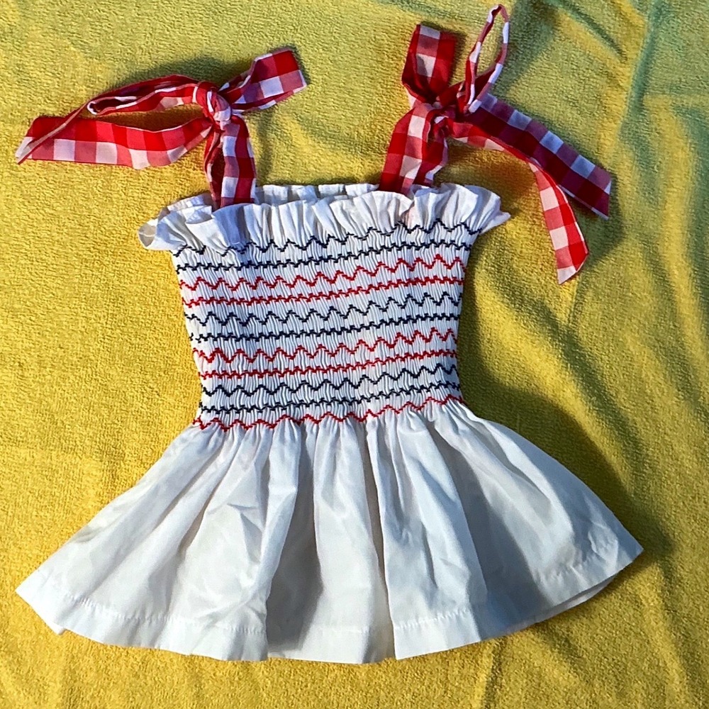 Stitchy Fish Smocked Peplum Top Toddler Girls 24M White Red Blue Gingham Ties